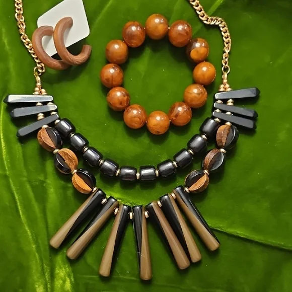 Brown & Black Statement 16"+2" Necklace with Brown Bead Bracelet + Wood Earring - Picture 1 of 5